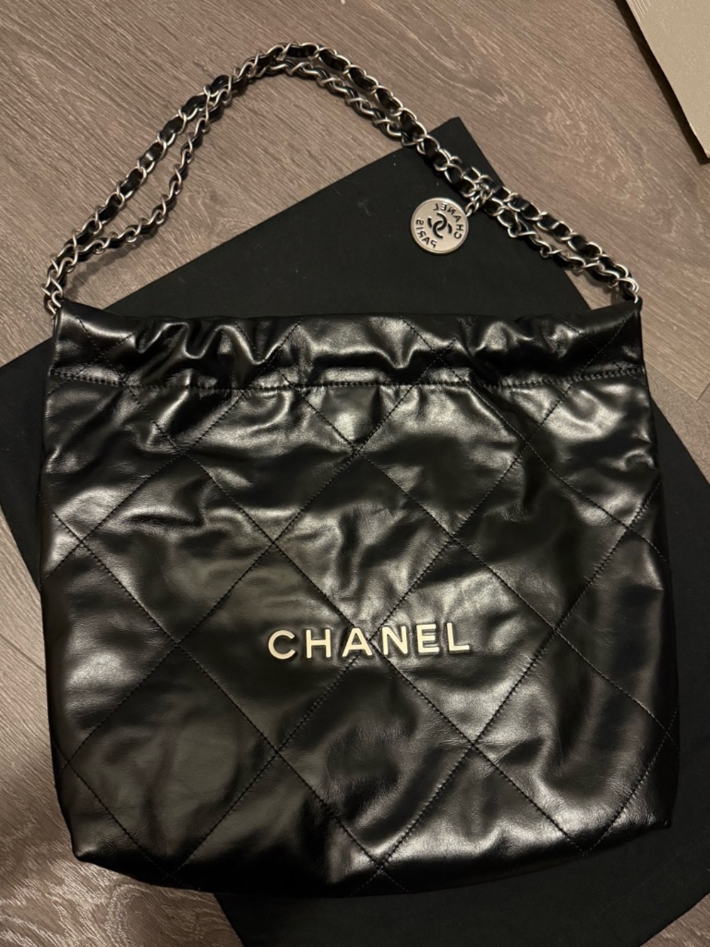 Chanel 22 small in black shiny calfskin SHW